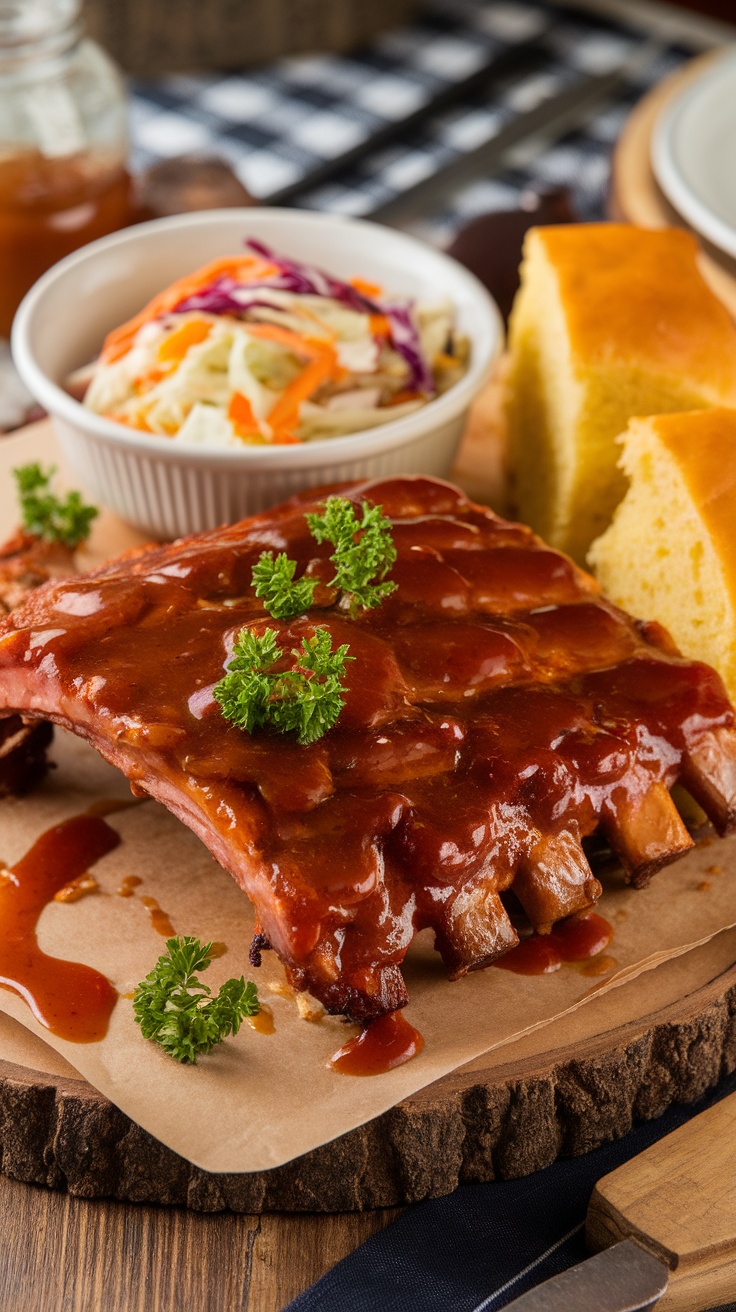 Finger-Licking BBQ Ribs with Homemade Barbecue Sauce Delicious BBQ ribs with barbecue sauce on a wooden platter, served with coleslaw and cornbread.