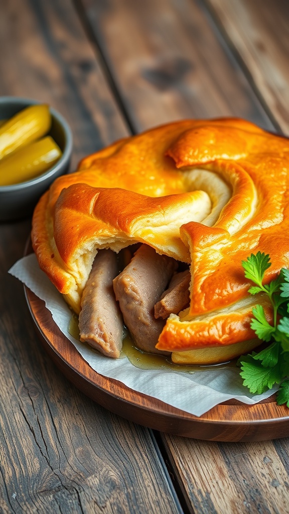 Traditional English Pork Pie Recipe A golden crusted traditional English pork pie with a slice revealing the savory pork filling, accompanied by pickles and salad.
