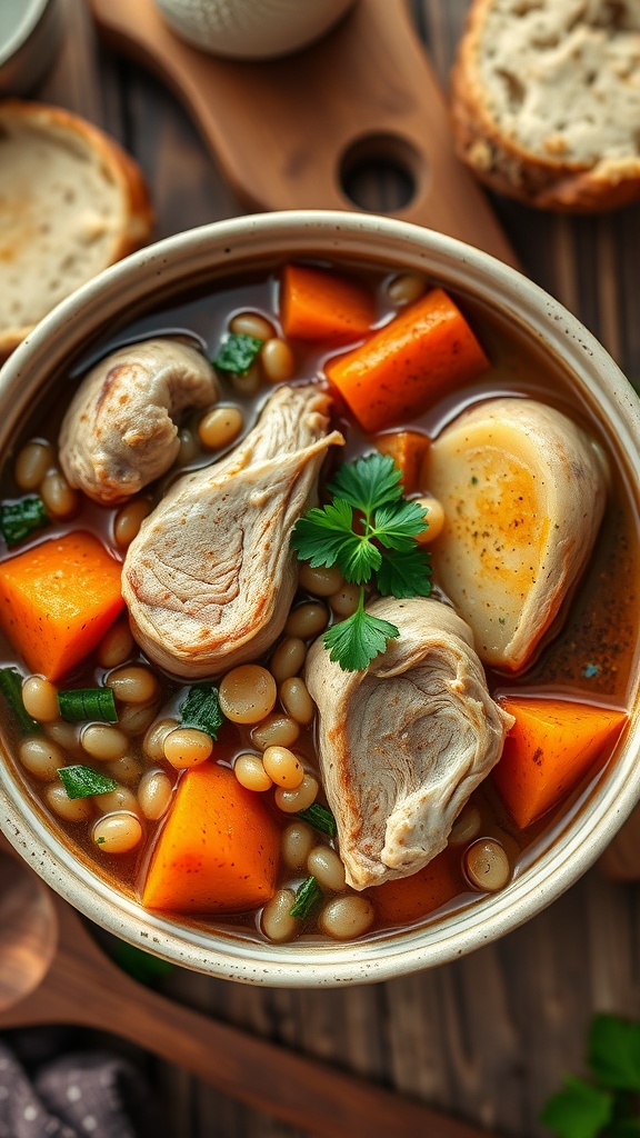 Hearty Irish Stew with Turkey Thigh and Pearl Barley A bowl of Irish stew with turkey thigh, pearl barley, carrots, and potatoes garnished with parsley.