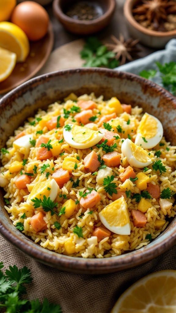 Fragrant Spiced Kedgeree Recipe A plate of kedgeree with rice, smoked fish, and garnished with eggs and parsley, served with lemon.
