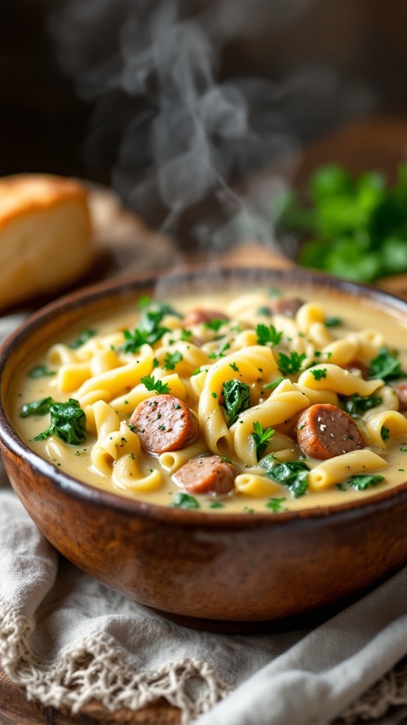 Creamy Parmesan Italian Sausage Ditalini Soup Recipe A comforting bowl of creamy Italian sausage ditalini soup with spinach, garnished with parsley, on a wooden table with bread.