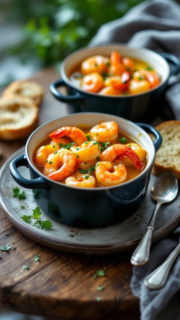Elegant Potted Shrimp with Farrow and Ball Inspired Colors Potted shrimp in ramekins with melted butter and herbs, served with fresh baguette on a rustic table.