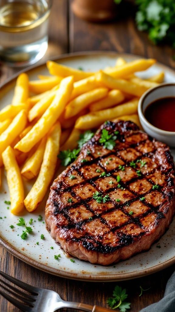 Classic Steak Frites with Crispy Fries Recipe Plate of steak frites with grilled entrecôte steak, crispy fries, garnished with herbs and served with steak sauce.