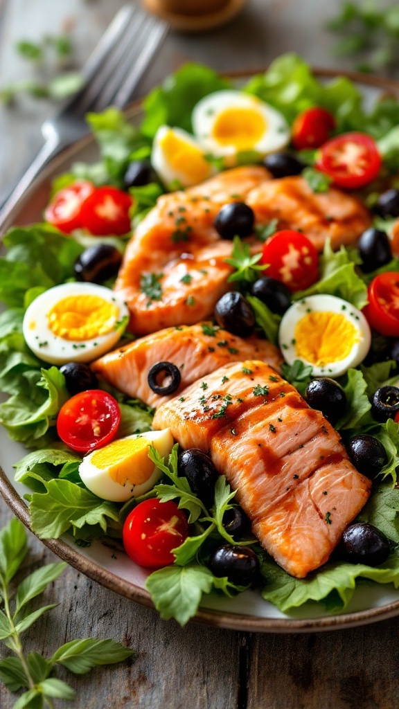 Classic French Salmon Nicoise Salad Recipe A colorful Salmon Nicoise Salad with greens, salmon, tomatoes, hard-boiled eggs, and olives on a wooden table.