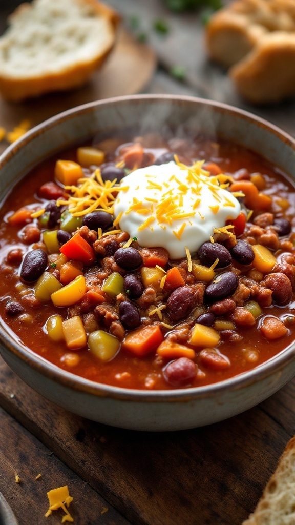 Hearty and Flavorful Chili Con Carne Recipe A bowl of chili con carne with bell peppers and kidney beans, topped with sour cream and cheese, on a rustic table.