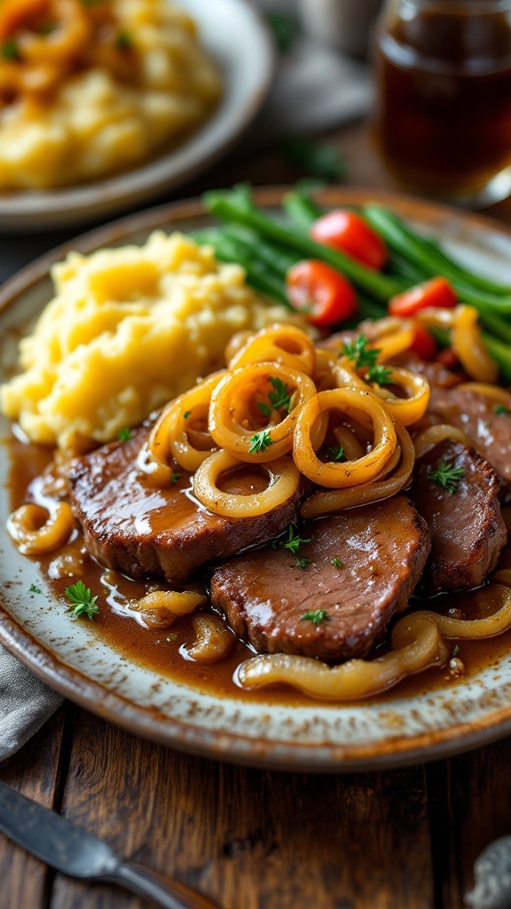 Savory Liver and Onions with Gravy A plate of liver and onions garnished with parsley, alongside mashed potatoes and vegetables.