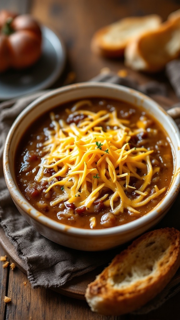 Classic French Onion Soup with a Twist Bowl of French onion soup with melted cheese and toasted bread on a rustic table.