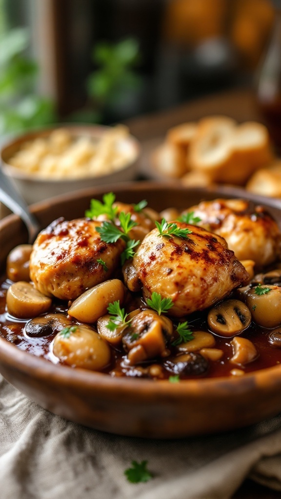 Classic Coq Au Vin Recipe with Red Wine Plate of Coq Au Vin with chicken, mushrooms, and red wine sauce, garnished with parsley, in a cozy kitchen setting.