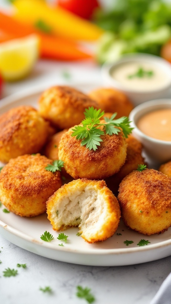 Crispy Chicken Croquettes for a Quick Summer Dinner Crispy chicken croquettes on a plate with parsley and dipping sauce, with summer vegetables in the background.