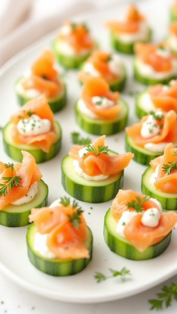 Refreshing Cucumber Smoked Salmon Bites Recipe A platter of cucumber smoked salmon bites with cream cheese and herbs, elegantly arranged for serving.