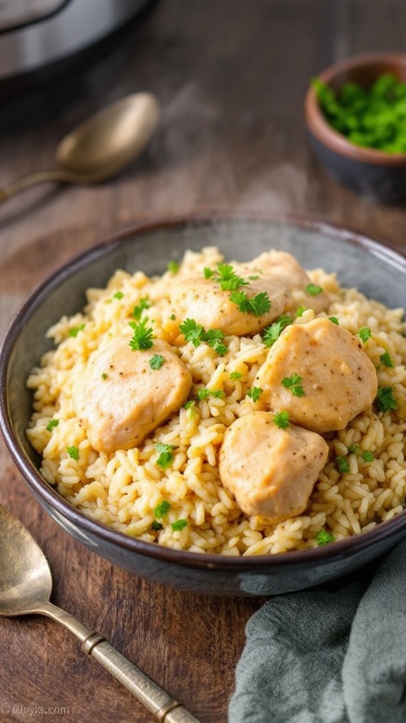 Quick and Flavorful Instant Pot Chicken and Rice A bowl of Instant Pot Chicken and Rice, garnished with parsley, on a wooden table.