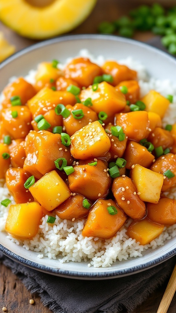 Sweet and Savory Pineapple Chicken and Rice Recipe Plate of Pineapple Chicken and Rice with chicken pieces, pineapple chunks, green onions, and sesame seeds, on a rustic table.