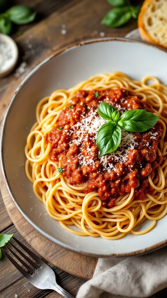 Classic Spaghetti Bolognese Recipe Spaghetti Bolognese with basil and Parmesan on a rustic table with garlic bread.