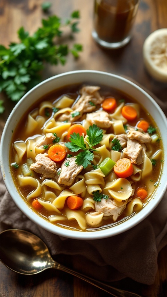 Comforting Chicken Noodle Soup Recipe A cozy bowl of chicken noodle soup with chicken, carrots, celery, and egg noodles, garnished with parsley on a wooden table.