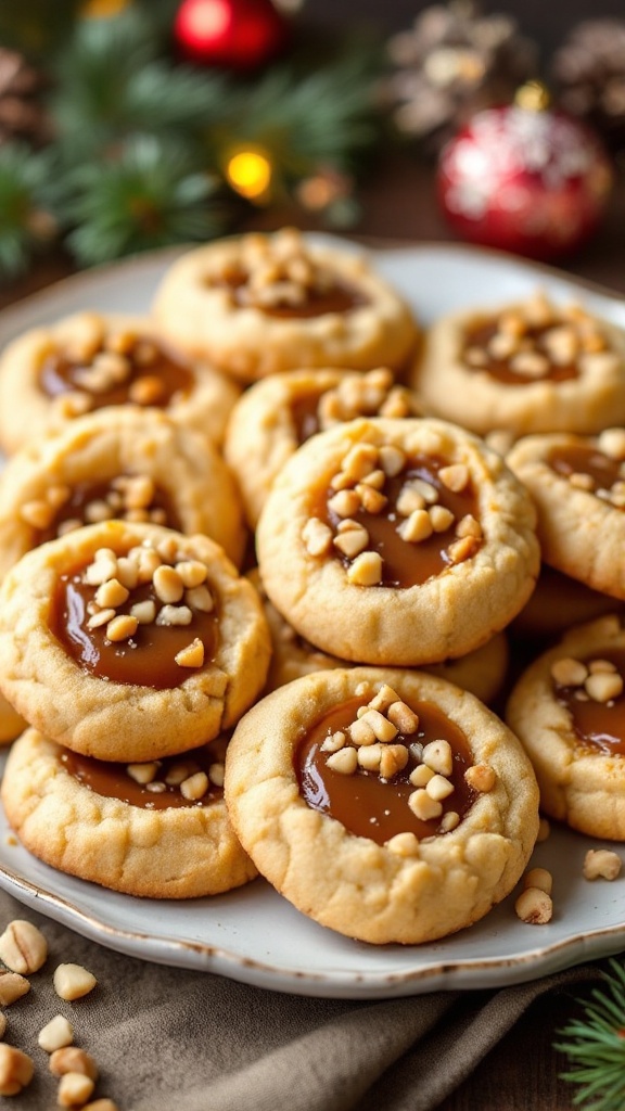 Delicious Sticky Toffee Pudding Thumbprint Cookies Delicious sticky toffee pudding thumbprint cookies filled with toffee sauce on a festive plate.