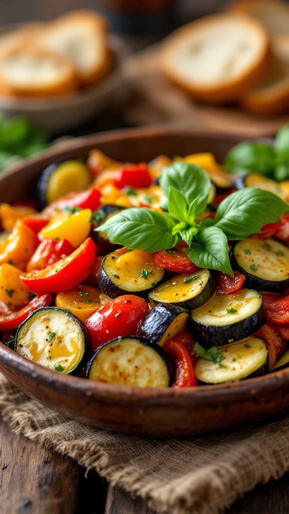 Classic French Ratatouille Recipe A rustic bowl of colorful ratatouille featuring zucchini, eggplant, and bell peppers, garnished with basil and served with bread.