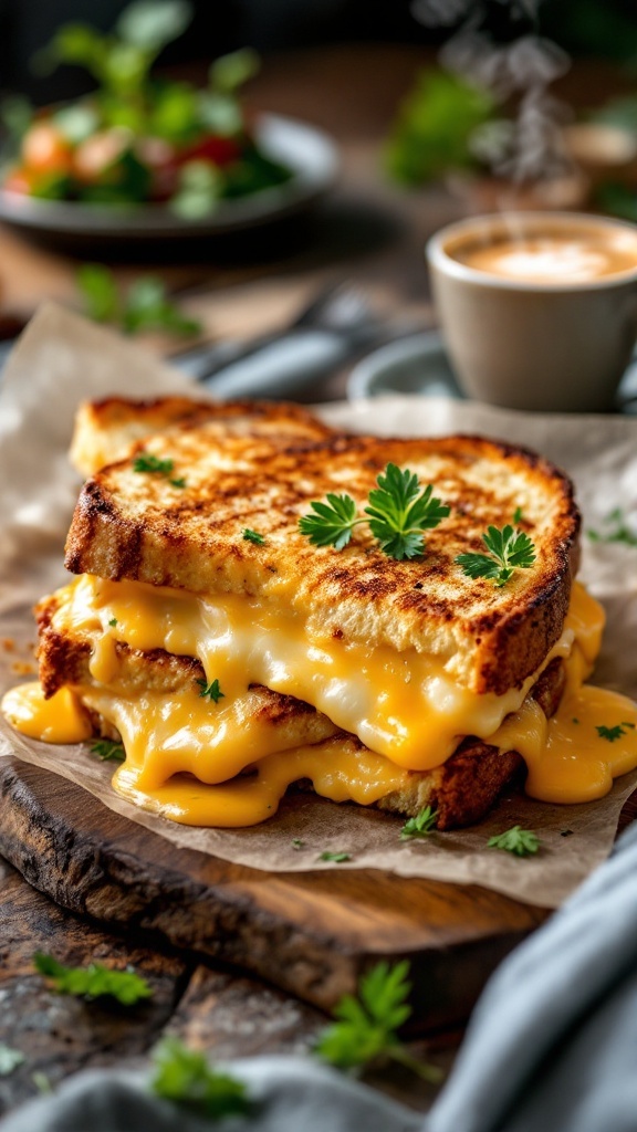 Classic French Croque Monsieur Recipe Crispy Croque Monsieur sandwich with melted cheese, garnished with parsley, on a rustic wooden board with coffee and salad.