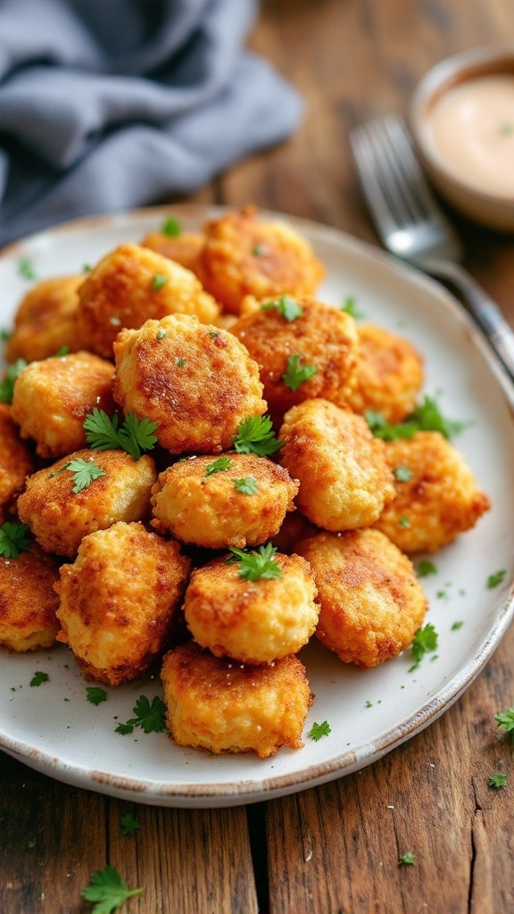Crispy Chicken Croquettes Recipe Golden chicken croquettes on a plate with parsley and dipping sauce, on a wooden table.