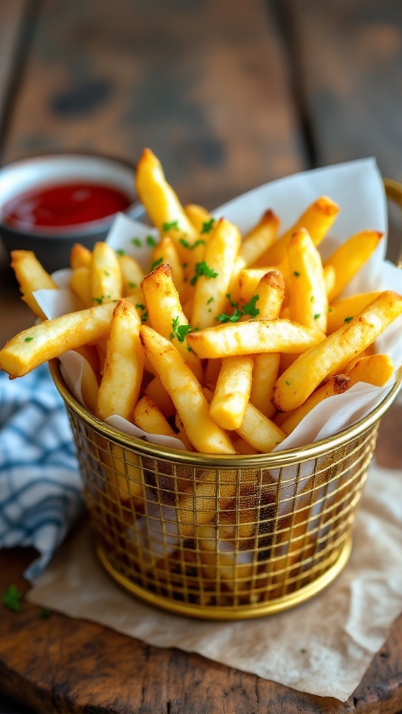 Crispy Homemade Seasoned French Fries Recipe A basket of crispy seasoned French fries with ketchup on a rustic table.