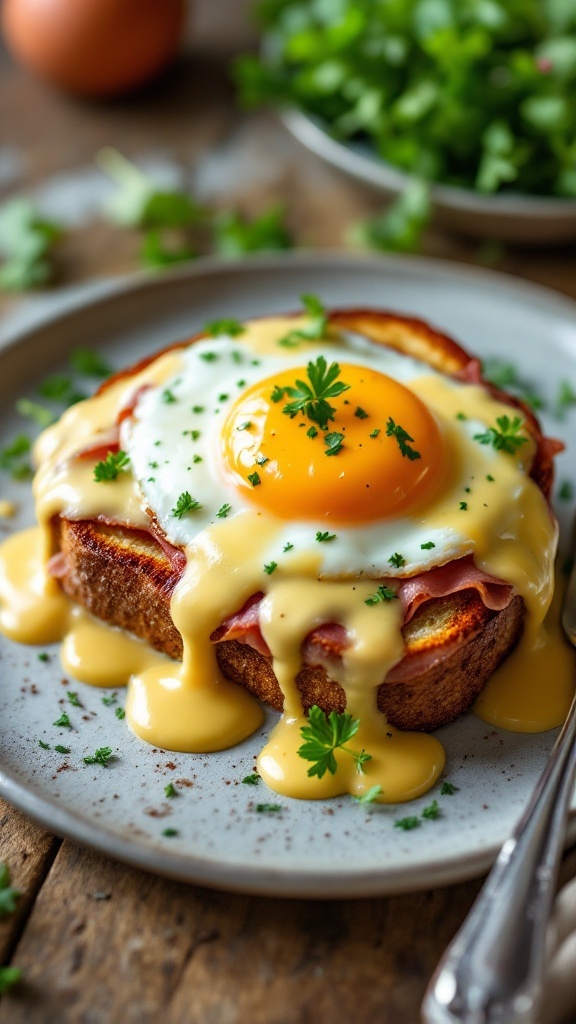 Classic Croque Madame Sandwich Recipe Croque Madame sandwich with ham, cheese, béchamel, and fried egg on a wooden table with greens.