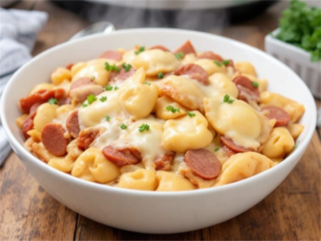 Hearty Crockpot Pierogi Casserole with Kielbasa A hearty crockpot pierogi casserole with kielbasa, melted cheese, and parsley garnish on a wooden table.