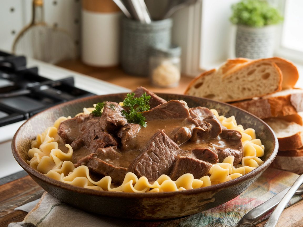 Stovetop Beef and Noodles Recipe A comforting bowl of beef and noodles topped with parsley, showcasing tender beef pieces in gravy over egg noodles, against a rustic kitchen backdrop.