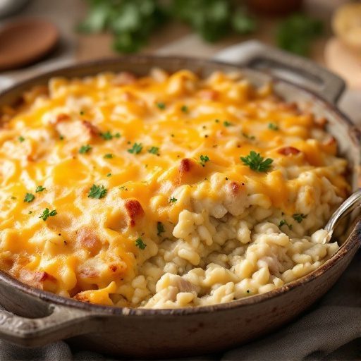 Creamy Chicken and Rice Casserole Creamy chicken and rice casserole in a rustic dish, topped with melted cheese and parsley, served in a warm kitchen setting.
