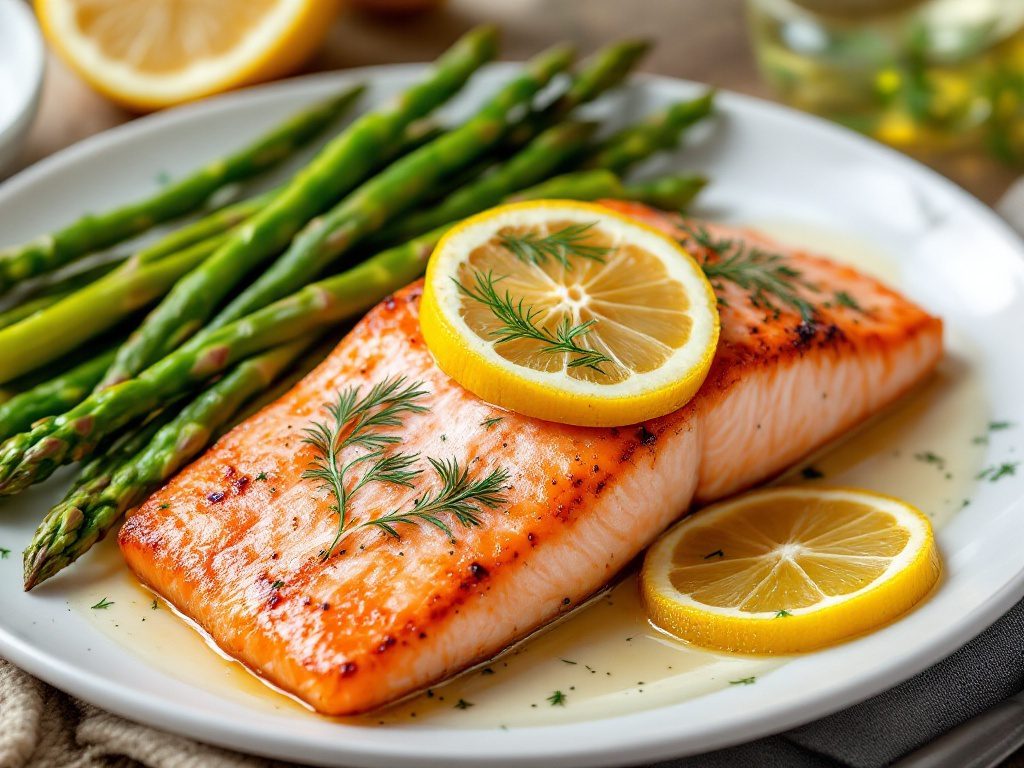 A plate of baked salmon with lemon slices and dill, accompanied by asparagus.