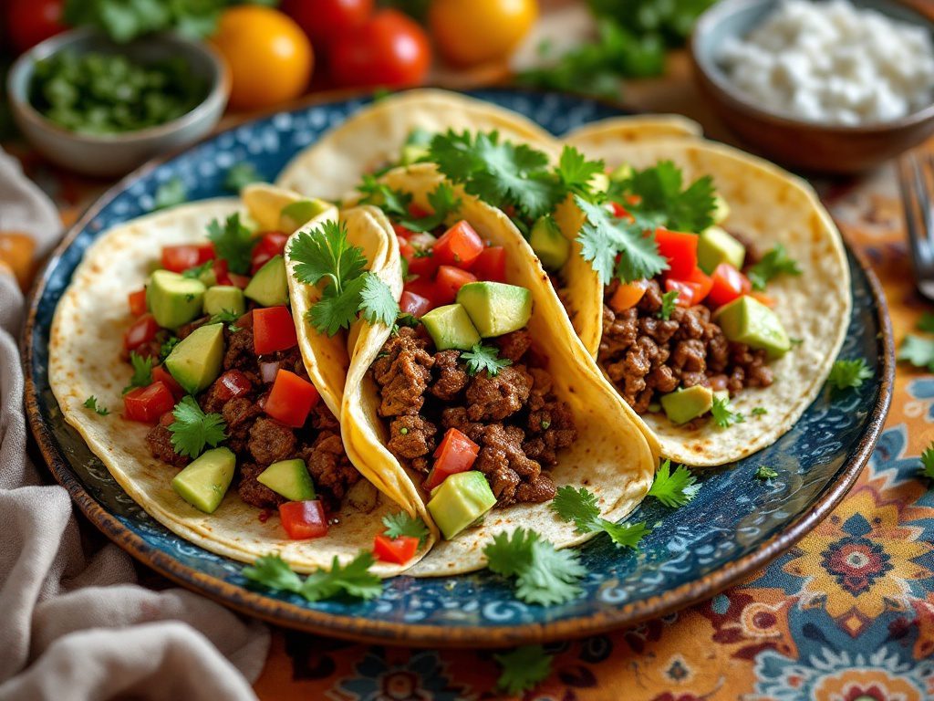 A plate of beef tacos with fresh toppings including tomatoes, avocado, and cilantro