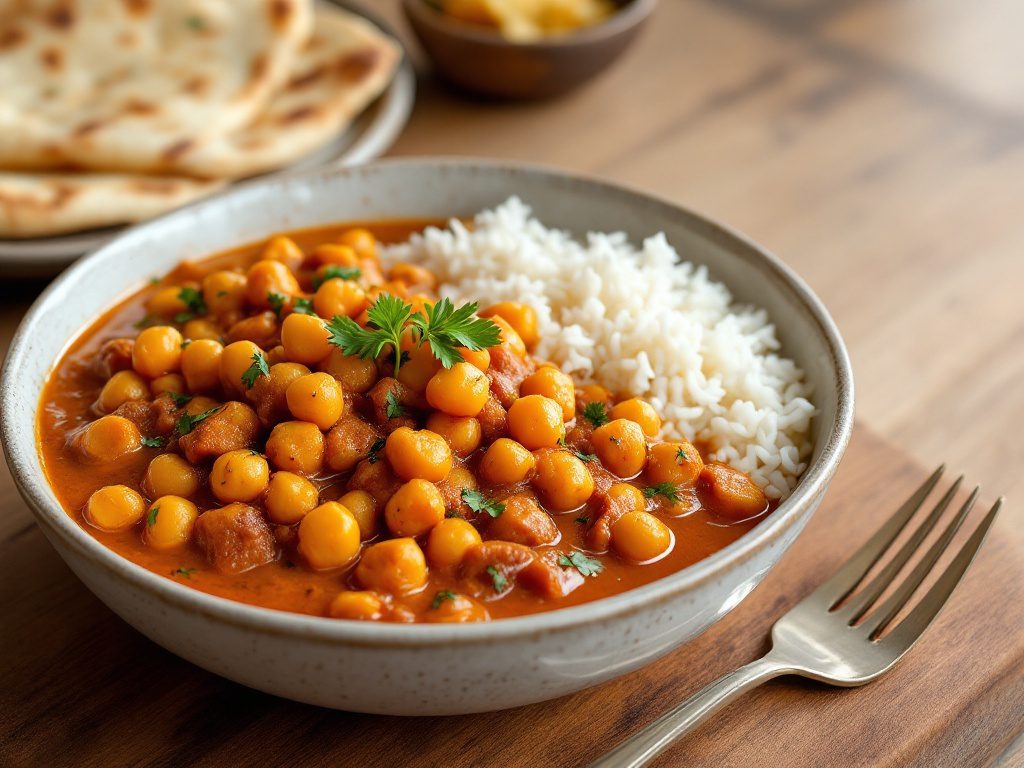 A bowl of chickpea curry with coconut milk served with rice and naan on the side.