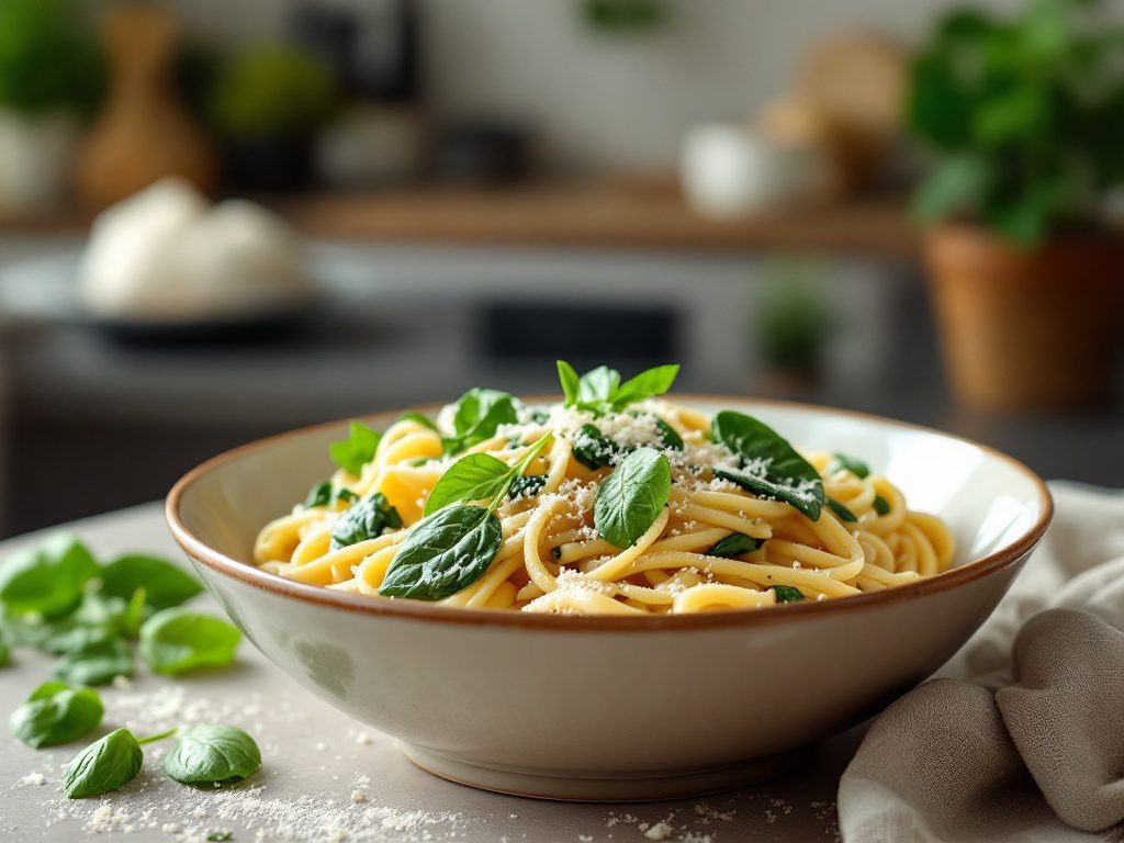 A bowl of creamy garlic pasta with spinach, topped with fresh basil and sprinkled with cheese.