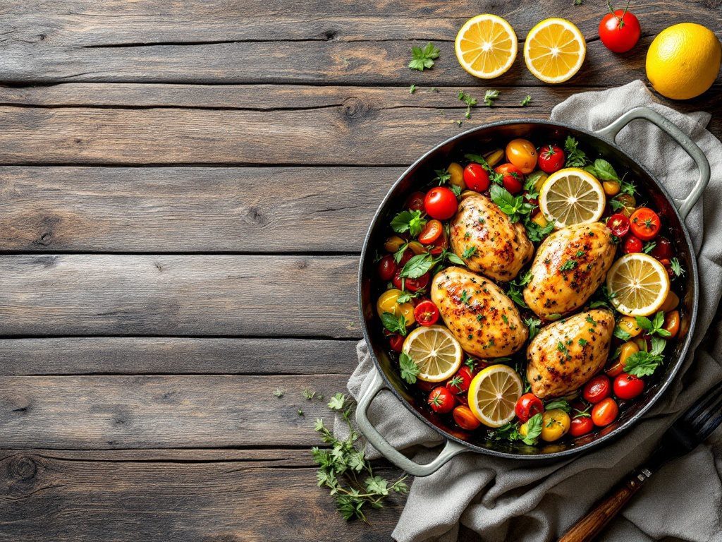 One-pan lemon herb chicken with cherry tomatoes and lemon slices on a wooden table.