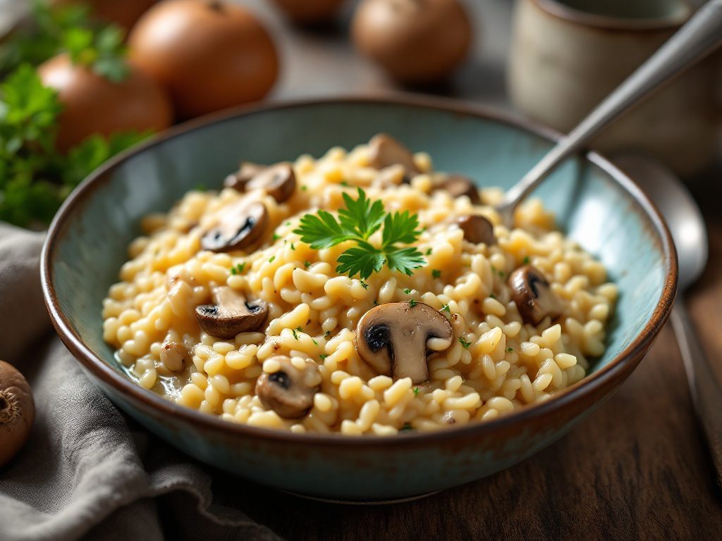 A bowl of creamy mushroom risotto garnished with parsley, served with rustic decor.