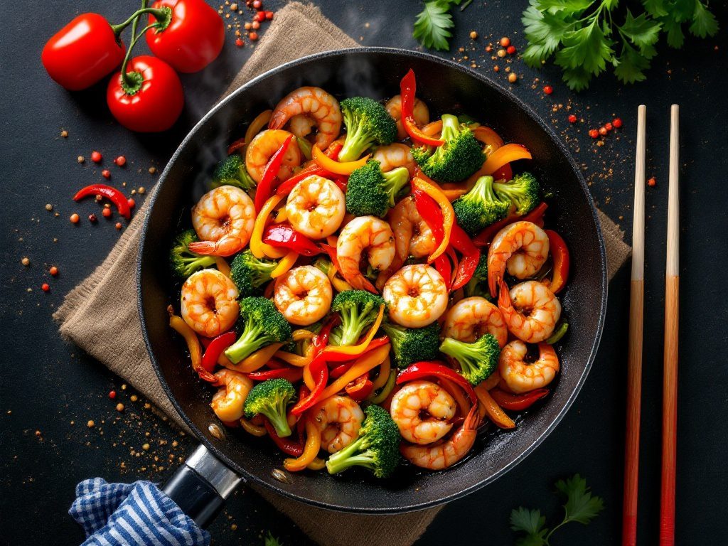 A colorful shrimp stir-fry with broccoli and bell peppers in a skillet, ready to serve.