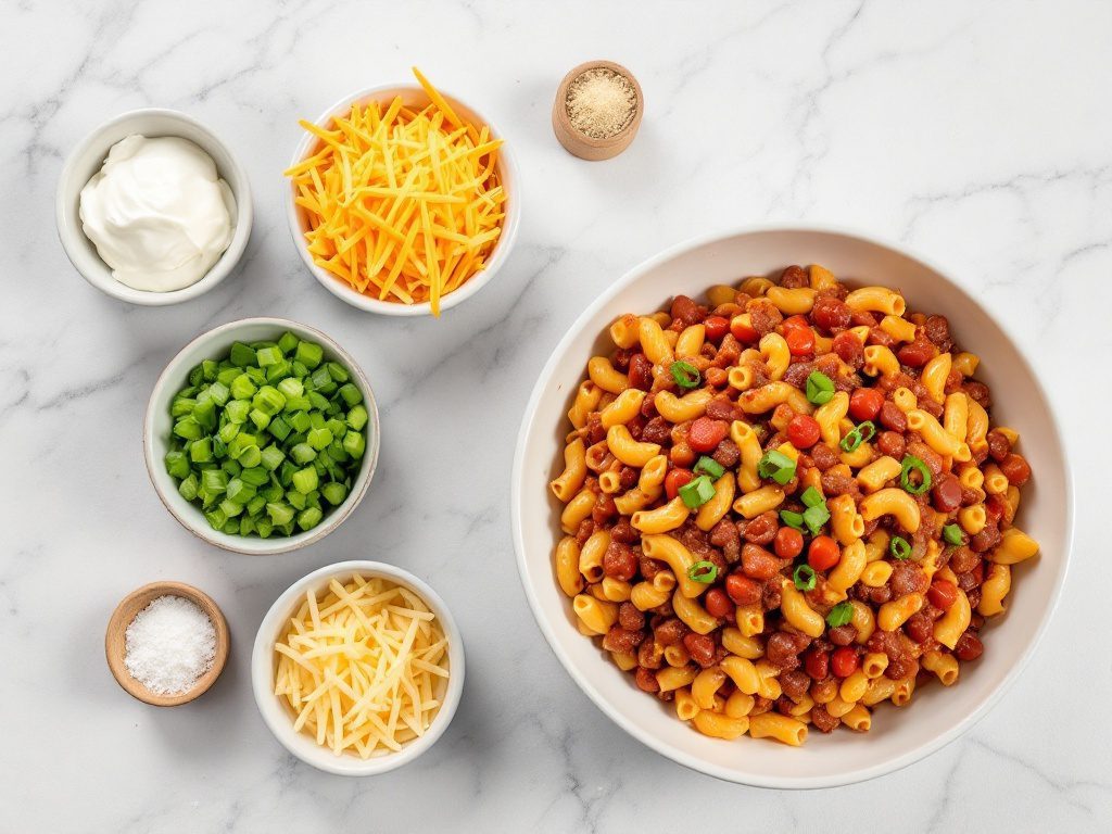 A bowl of hearty chili macaroni with various topping options.