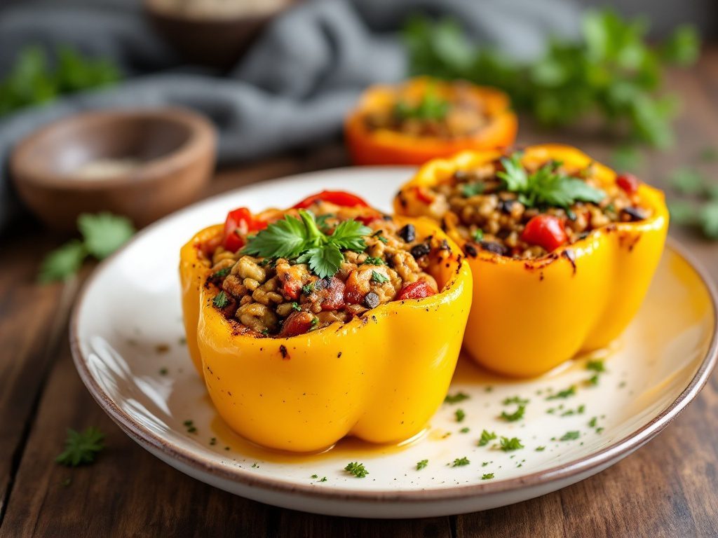 Vegetarian stuffed bell peppers filled with grains and vegetables on a plate.