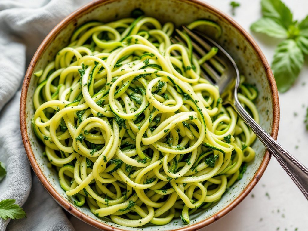 A bowl of zucchini noodles mixed with green pesto sauce, garnished with fresh herbs and a fork.